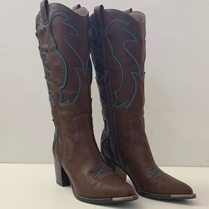 JustFab Brown Leather Western Boots with Turquoise Stitching